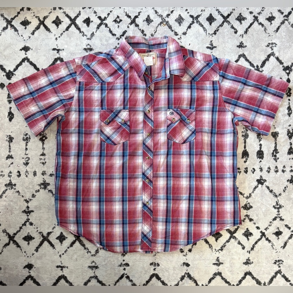 Wrangler Blue Red Plaid Short Sleeve Button Up Top Men’s Size 2XL Pearl Snap